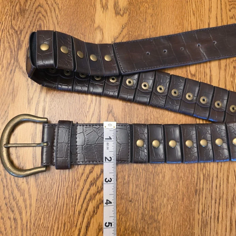 Chinese Laundry L‎ Belt Brown Faux Croc Embossed Studded Gold Buckle Stretch